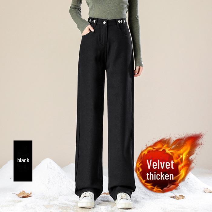 Women's Plush High-Waist Wide-Leg Jeans - Slim, Warm, All-Match Loose Straight Fit for Autumn/Winter