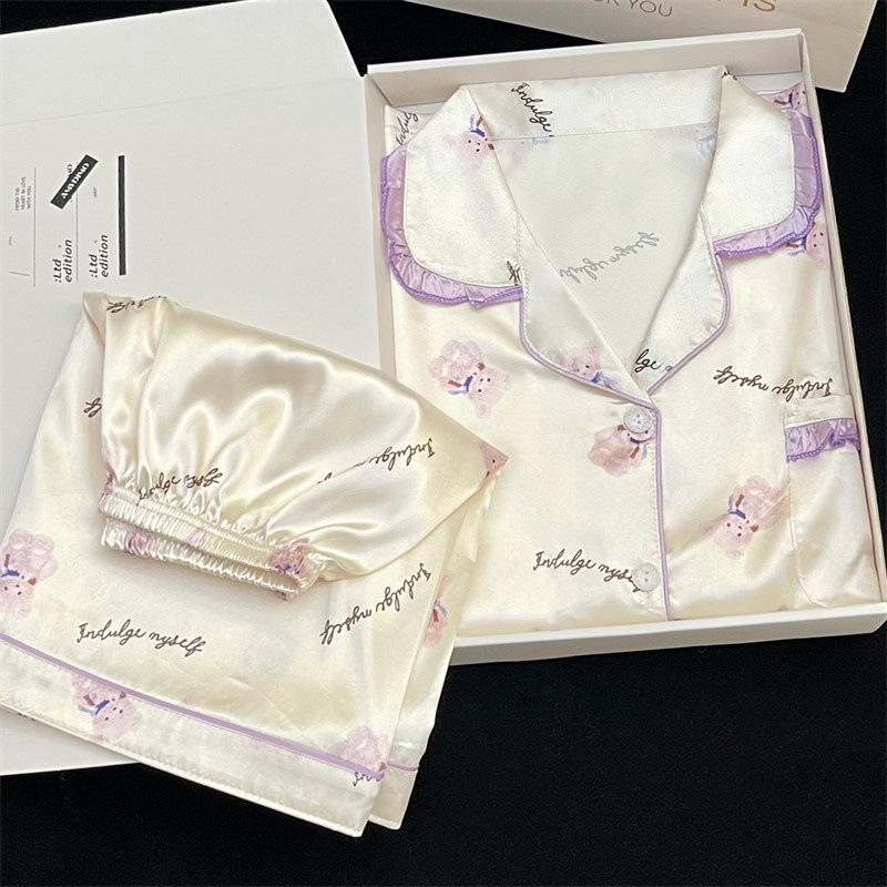 

Милая и игривая девочка Ветер Весна Лето Ледяной шелк С коротким рукавом Шорты Повседневная пижама Домашняя одежда из двух частей M