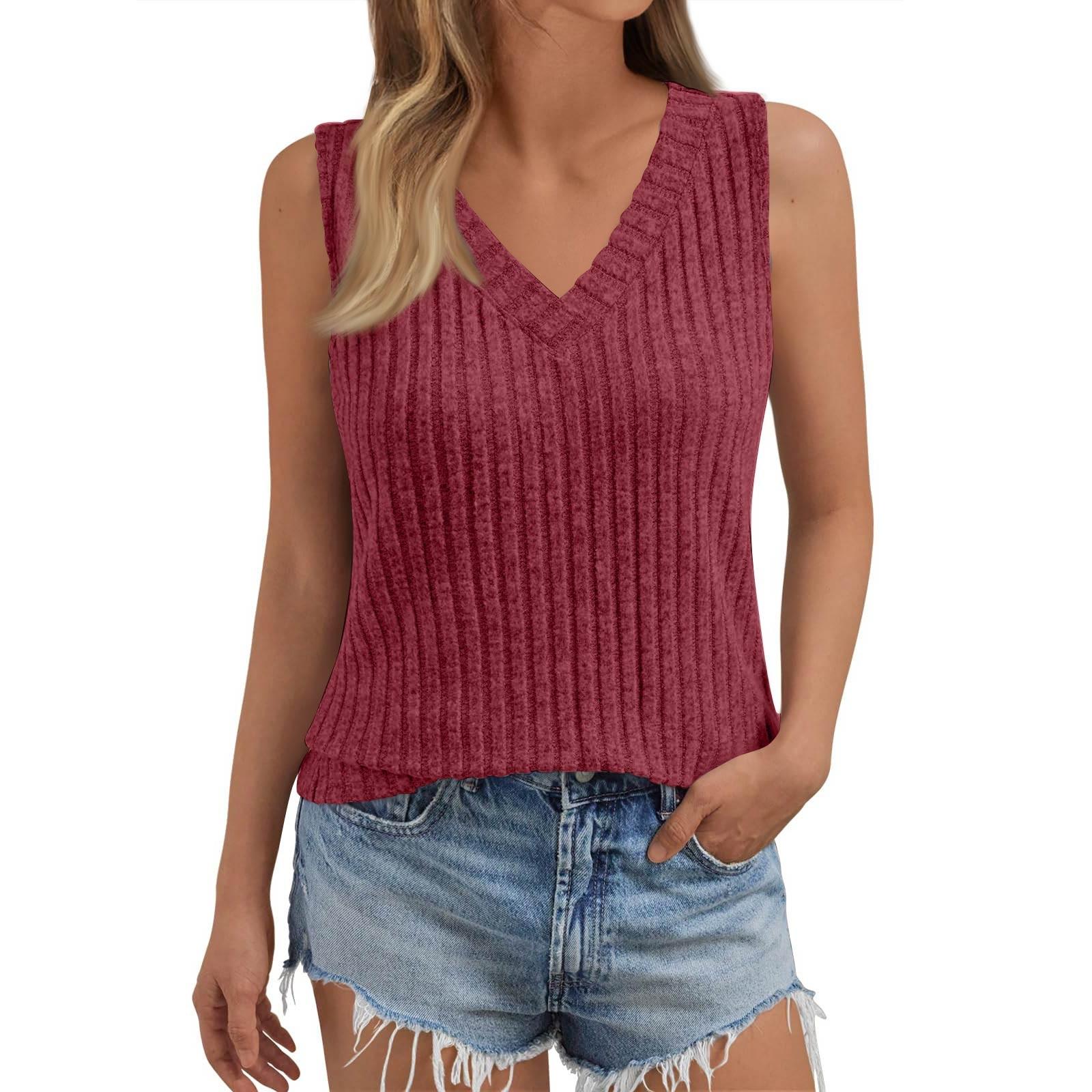 

Женская повседневная модная футболка без рукавов с V-образным вырезом и однотонным жилетом XL красный