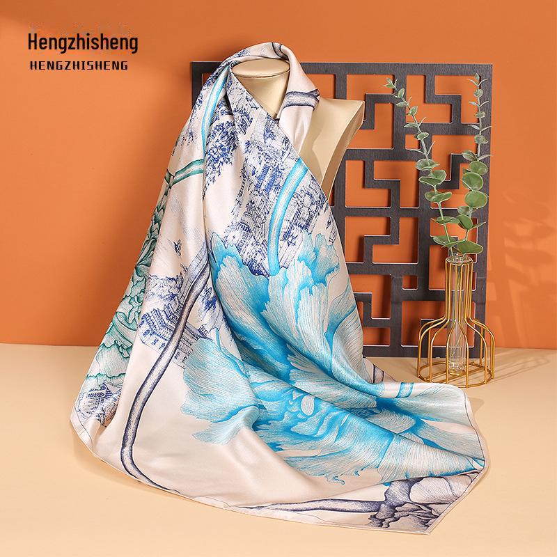 High-Quality Mulberry Silk Crepe Satin Scarf – Large Square, Sun Protection for Spring & Autumn