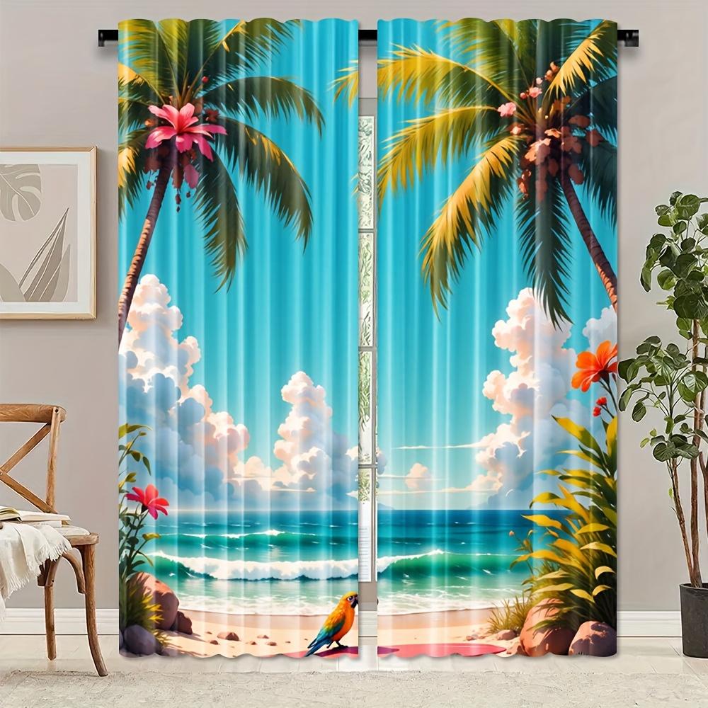 

2 шт. Акварельные гавайские пляжные шторы - Дизайн с тропическими пальмами и океанским пейзажем, 100% полиэстер, полупрозрачная, светофильтрующая драпировка 53x116cm 2pc&Without mount