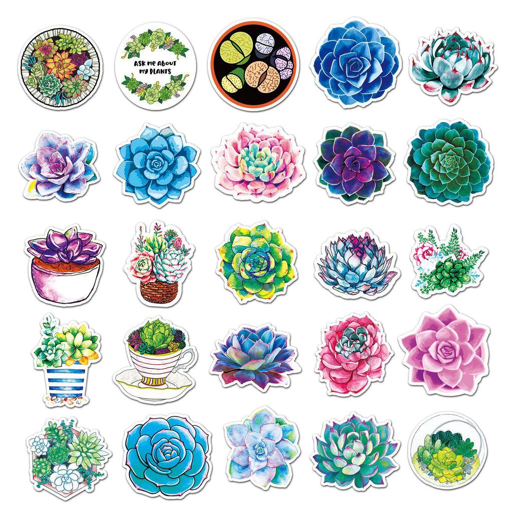 50 Waterproof Cartoon Succulent & Flower Stickers for Journaling, Notebooks, Suitcases
