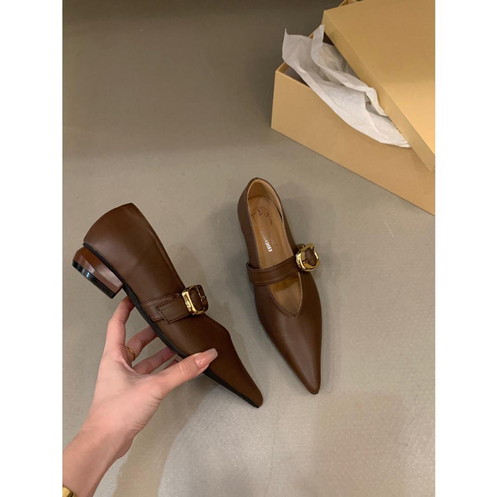 Zapatos Negros de Punta con Suela Plana para Mujer Zapatos de Verano Franceses de Tacón Bajo Temperamento Mary Jane Zapatos Pequeños de Cuero