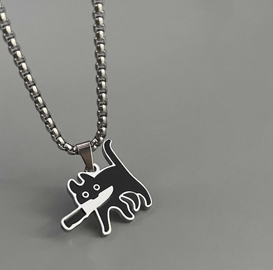 High-End Titanium Black Cat Pendant Necklace for Men & Women - Non-fading Steel Sweater Chain