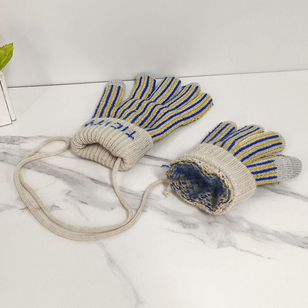 Thickened Striped Gloves Wool Winter Velvet Mittens Retro Knitted Gloves Outdoor