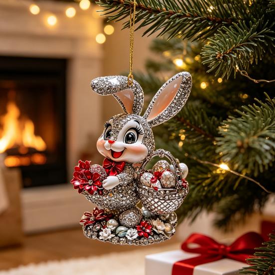 Acrylic Animal Car Pendant Easter Bunny Pendant, Cute Rabbit with Basket, 2D Party Hanging Decor Rearview Mirror Ornament, Bag Keychain Accessory,