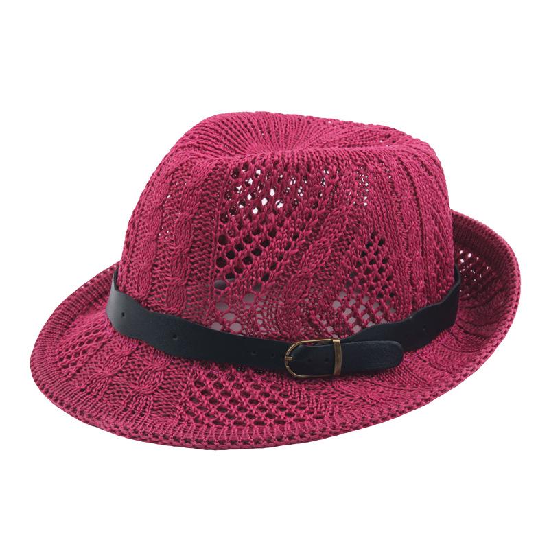 Summer Women's Knitted Mesh Breathable Curled Jazz Hat Leather Belt Panama Hat