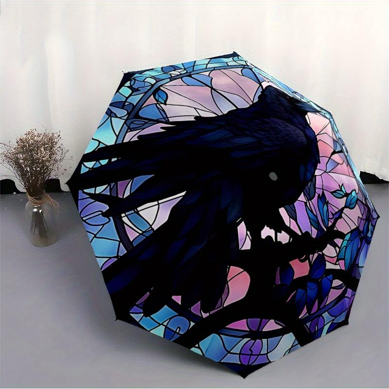 1pc Stained Raven Compact Travel Umbrella, Automatic Folding Lightweight Windproof 8-Bone Reinforced Design, Portable for Backpack Durable C
