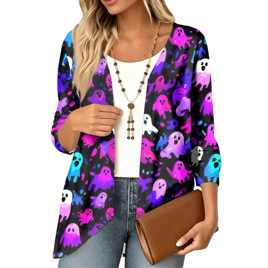 Cardigan décontracté léger ample à manches 3/4 imprimé pour femme pour Halloween