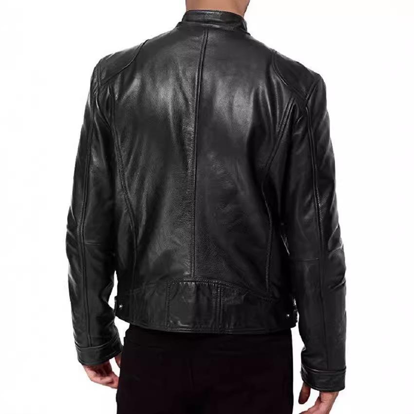 Business gentleman pocket double zipper cardigan PU leather jacket stand-up collar slim leather jacket jacket one piece hair