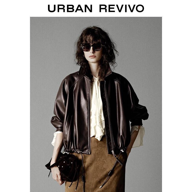 UR 2025 Autumn Retro Oversized Drawstring Faux Leather Jacket