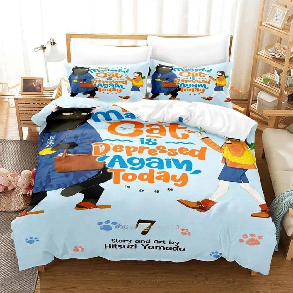 3D Kawai The Masterful Cat Is Depressed Again Today Bedding Set Cartoon Anime Three-piece Set Adult Kid Bedroom Duvet Cover Sets