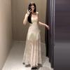 Seaside vacation wind green suspender dress women's summer temperament mesh stitching waist thin a-word skirt long dress