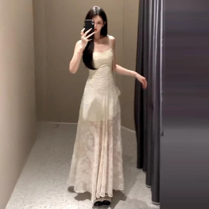 

Seaside vacation wind green suspender dress women s summer temperament mesh stitching waist thin a-word skirt long dress XL