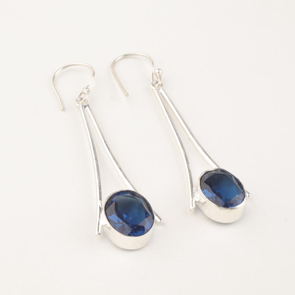 Natural London Blue Topaz Gemstone 925 Sterling Silver Handmade Earrings 2.63" EE-136-10