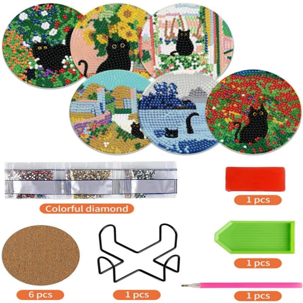 Diamond Art Coaster Kit (6-Piece Set) - DIY Diamond Painting Kit for Beginners, Cute Cat Cartoon Mosaic Ornaments, and Decorative DIY Kit with