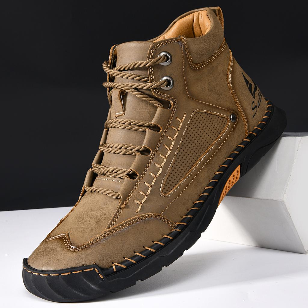 New Hand-stitching Casual Leather Shoes Men Boots Outdoor Autumn Retro Breathable Casual Shoes Lace Up Khaki Ankle Boots Winter