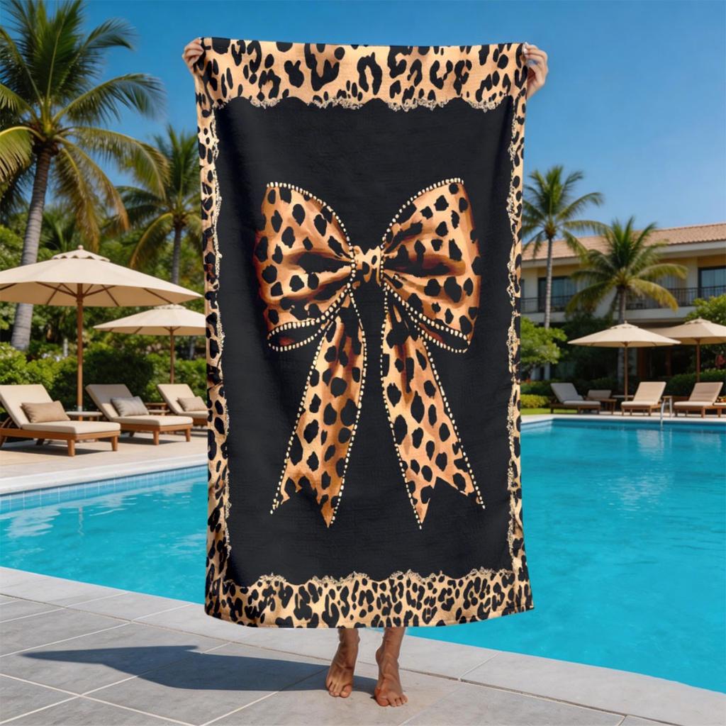 Leopard Print Bow Design Polyester Microfiber Beach Towel Is Highly Absorbent, Suitable for Swimming and Beach Outings