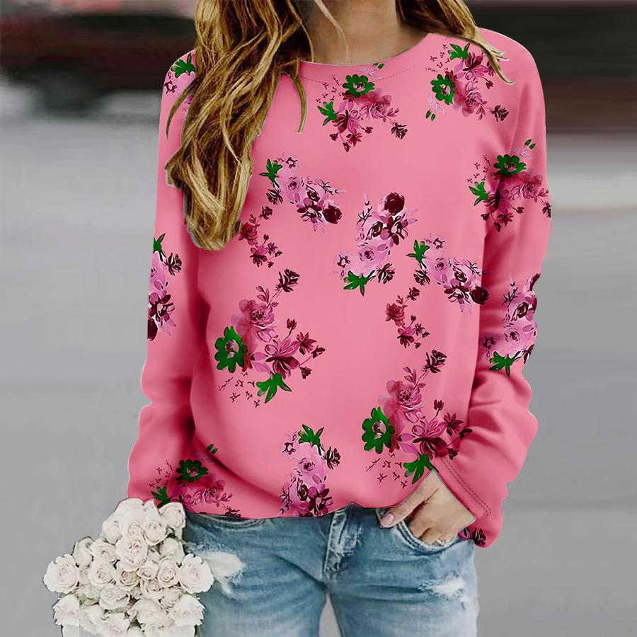 Топы для женщин Красивая роза Принт Круглый вырез Длинный рукав Футболка Осенний — фото 3