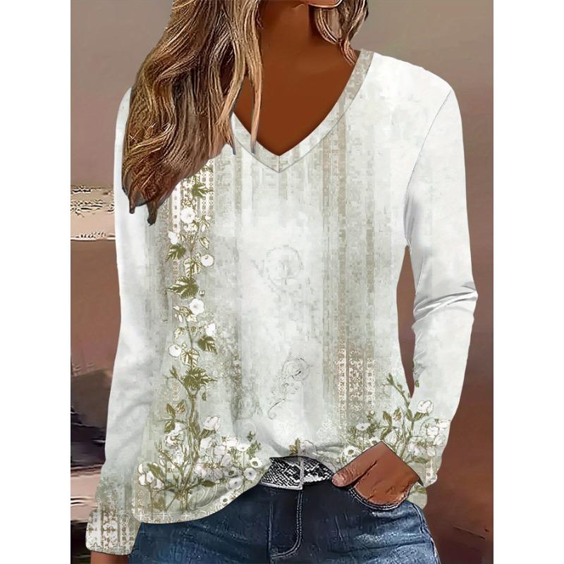 Women's Elegant V-Neck Marble Print Long Sleeve T-Shirt Soft Polyester Great for Autumn and Winter Casual Wear Floral Print Tops
