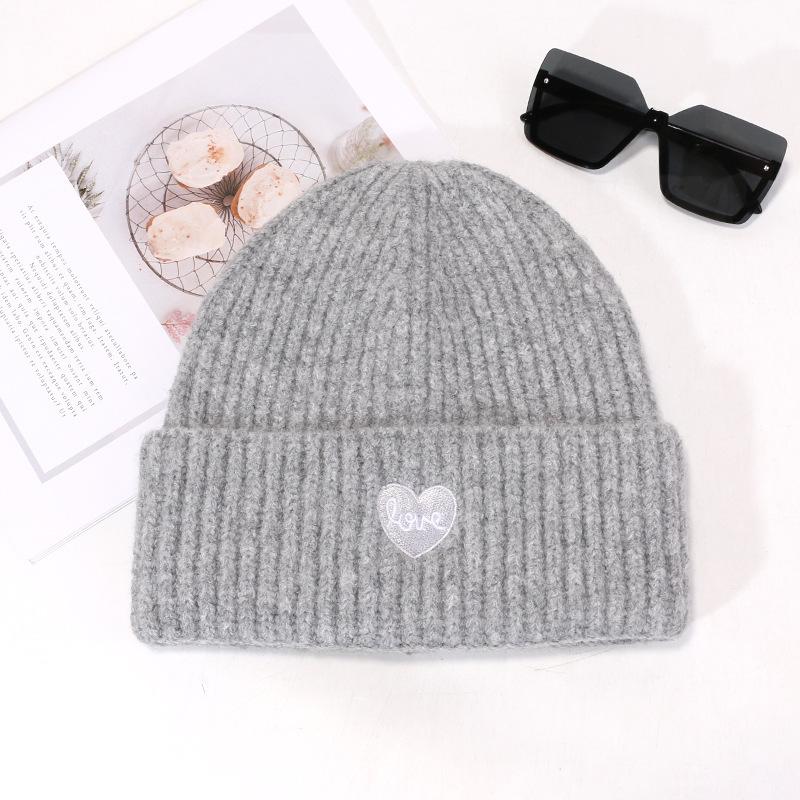 Women's Autumn and Winter New Face Showing Small Wool Hat Encore Red and White Warm and Simple Love Embroidery Knitted Hat