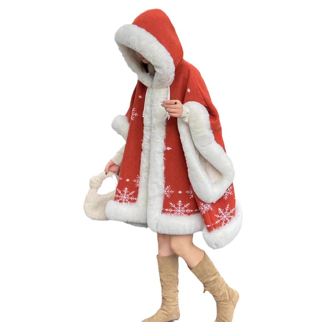811 #Zimowy Płatek Śniegu Aksamitna Pogrubiona Peleryna z Kapturem i Dużym Futrzanym Kołnierzem, Damska Wiatroodporna Ciepła Peleryna Zapinana na Guzik