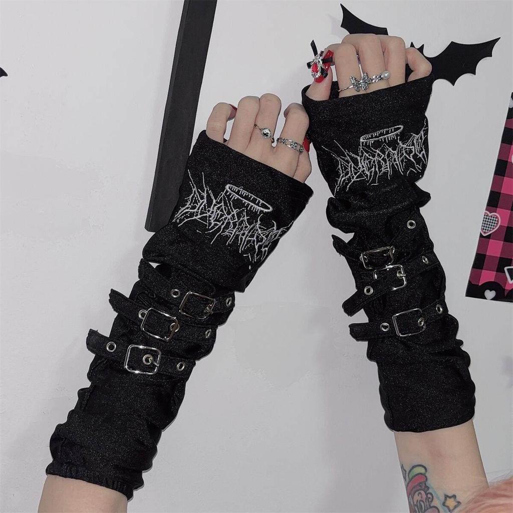 Gothic Embroidered Arm Covers Women Kawaii Japanese Harajuku Goth Half Finger Arm Warmer Y2K Gloves Arm Sleeve for Girls