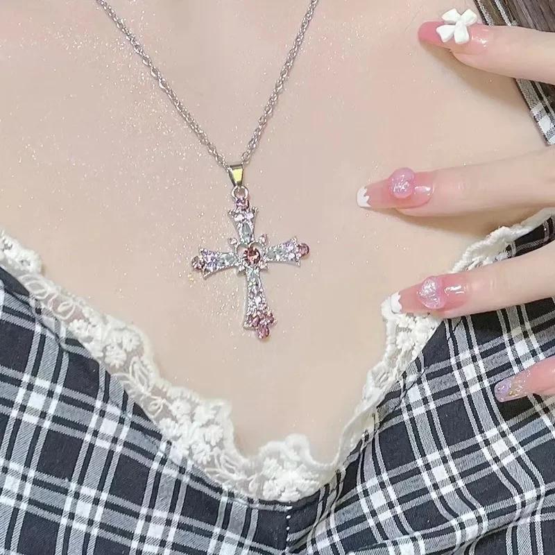 Crystal Cross Pendant Necklace for Women Girls Shiny Sweet Chain Punk Party Fashion Pendant Fashion Y2K Jewelry Accessories