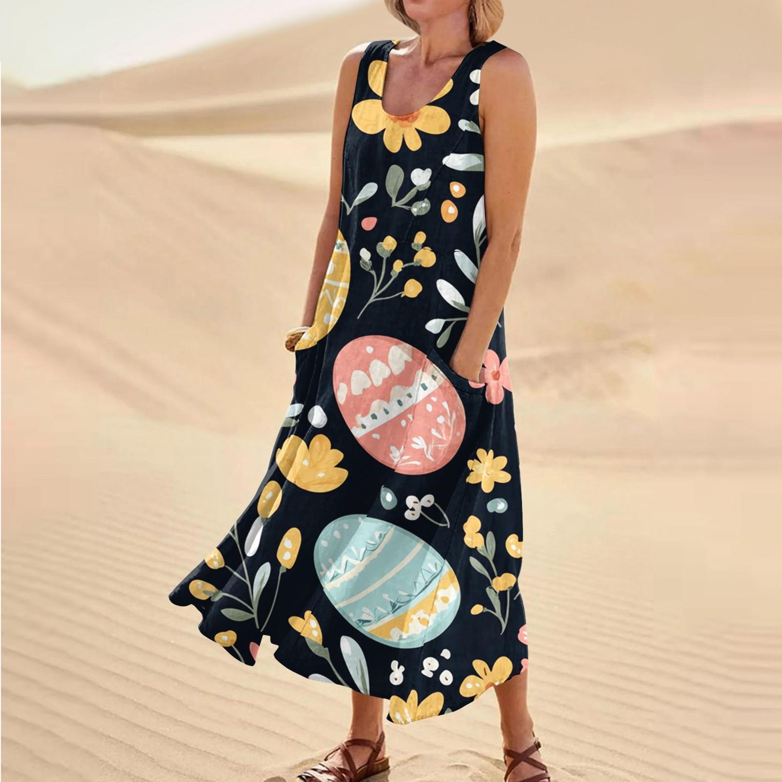 Women s Summer Casual Fashion Easter Printed Sleeveless Round Neck Pocket Dress L