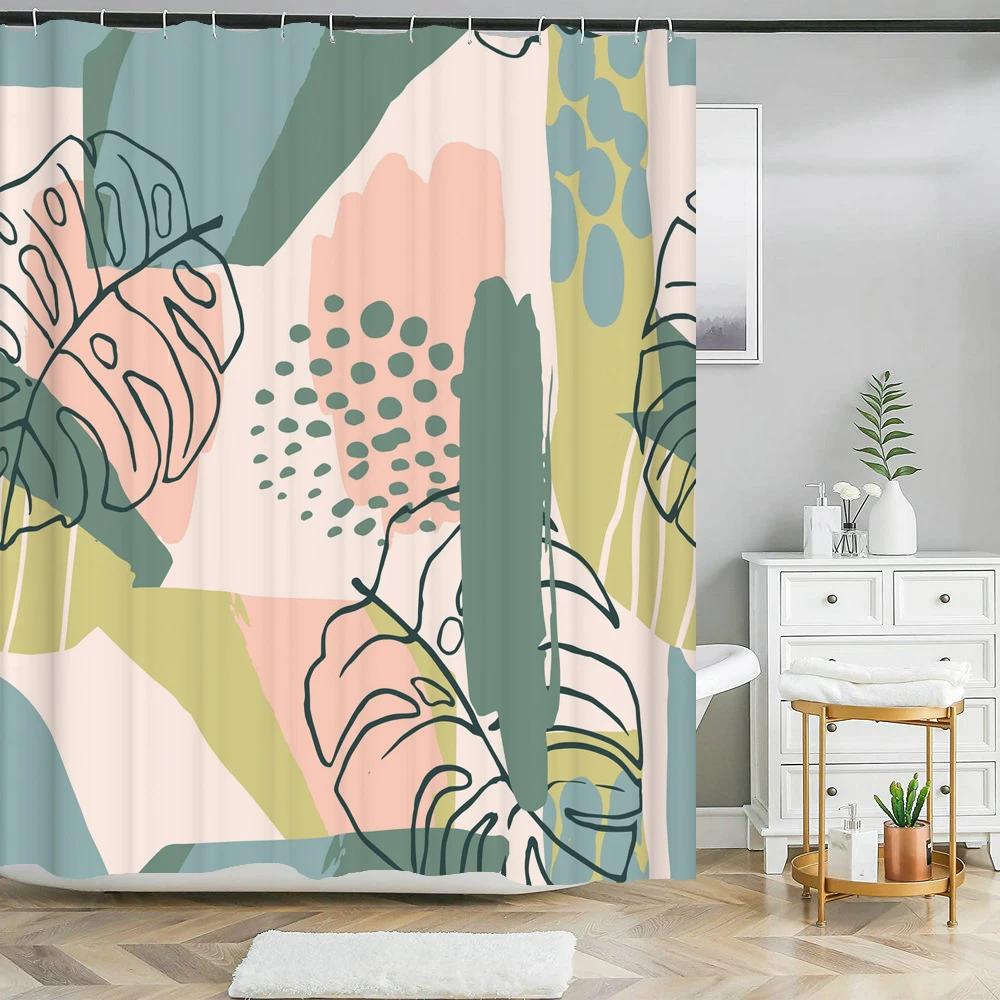 Nordic Style Abstract Art leaves Shower Curtain Waterproof Polyester Bath Curtain Morandi Color Block Curtain For Bathroom Decor