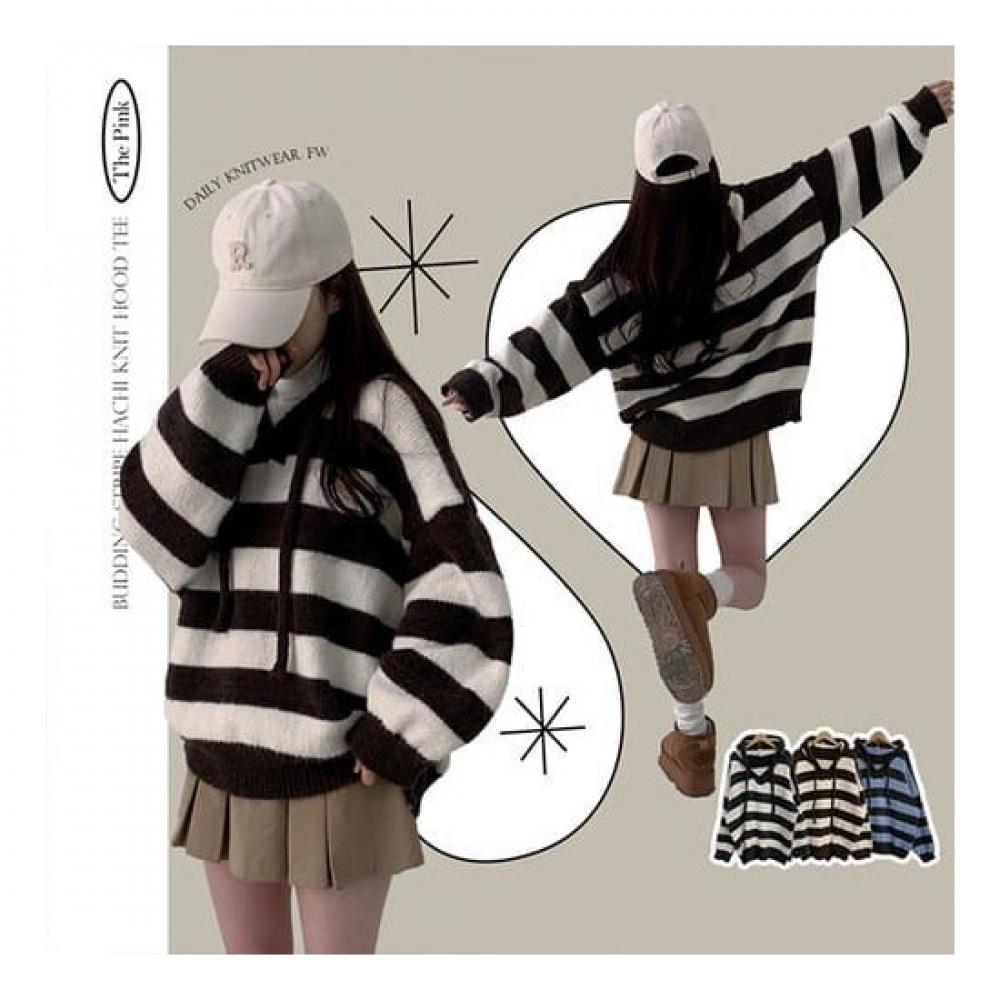 The Pink OVersized V Neck Striped Hoodie Knit