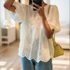 Women Summer French Style Embroidery Hollow Out Shirt White Lace Blouse for Short Puff Sleeve Tops Round Collar