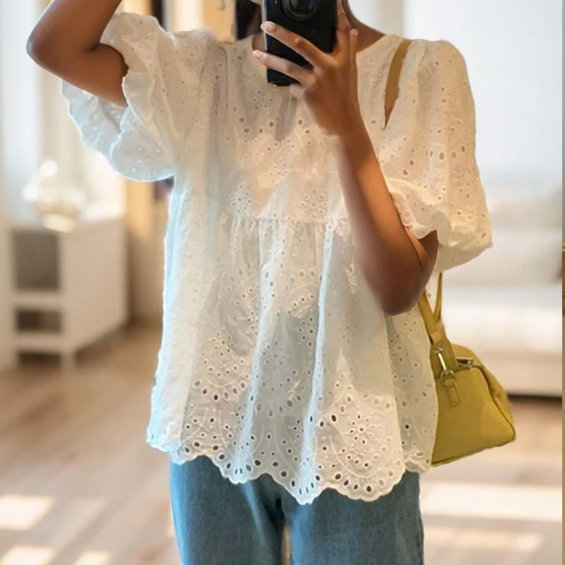 Women Summer French Style Embroidery Hollow Out Shirt White Lace Blouse for Short Puff Sleeve Tops Round Collar