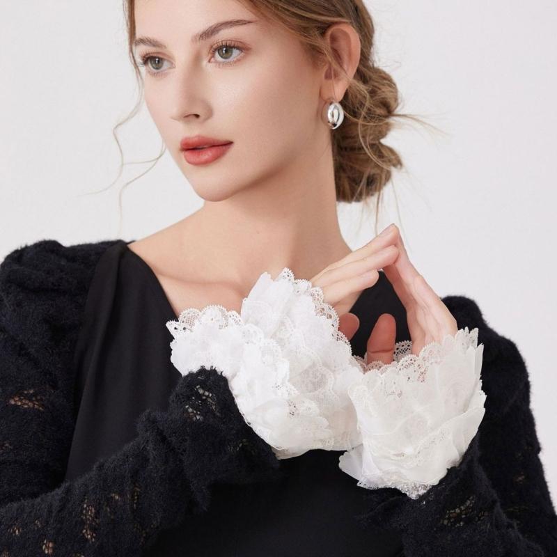 White Lace Faux Sleeves Pair with Gathered Opening for Top Styling Dress Looks and Costume Accessory Wear