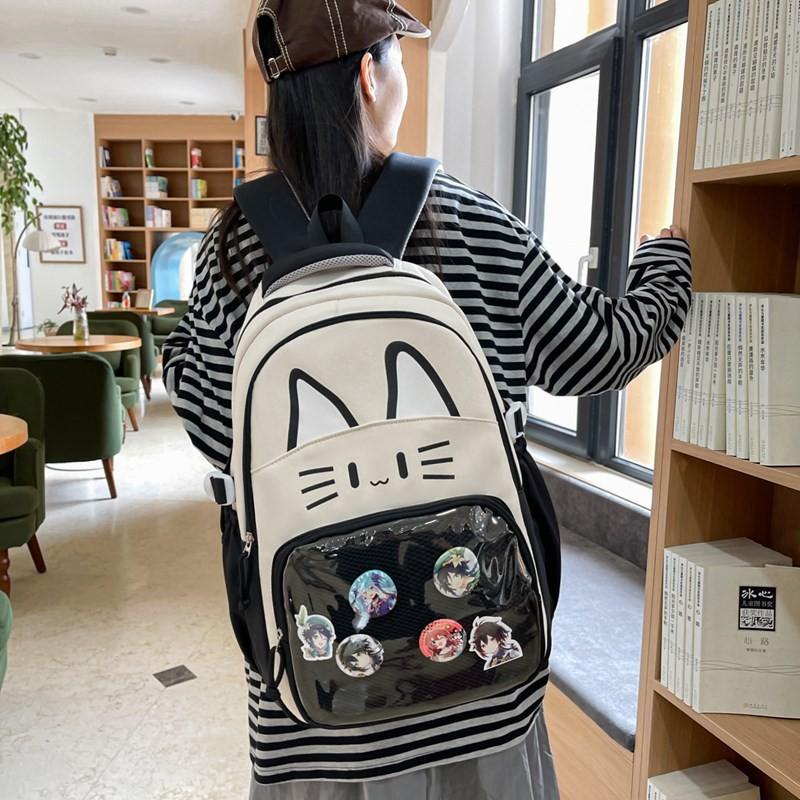 Cat Pattern Student Backpack With Transparent Compartment And Badge For Daily Use