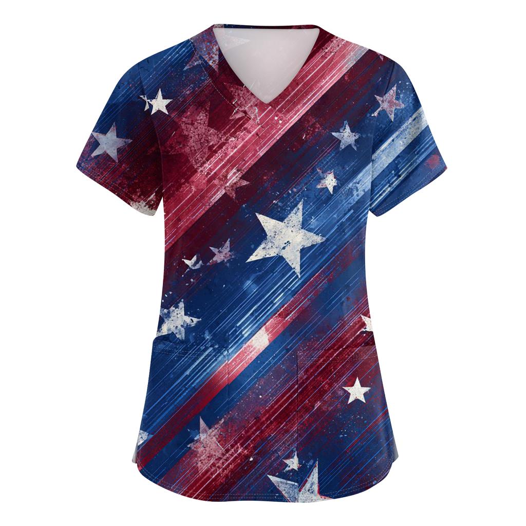 Women's V-neck Independence Day print short-sleeved pocket side-opening protective work shirt