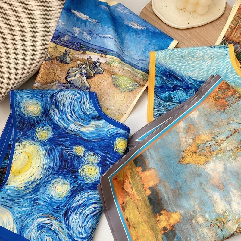 28GD Women Elegant Detachable Collar Scarf Vintage Colorful Landscape Oil Painting Print Shawl Wrap Lace-Up Decorative Shrug
