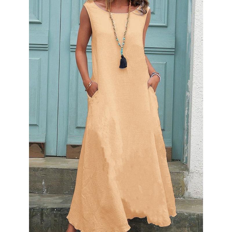 IHUASU Fashion Summer Spring Solid Color Print Sleeveless O-Neck Casual Dresses