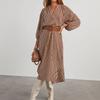 Women V Neck Loose Fit Striped Belted Shirt Dress Long Sleeve Casual Midi Dress with Vertical Stripe Pattern for Daily Wear