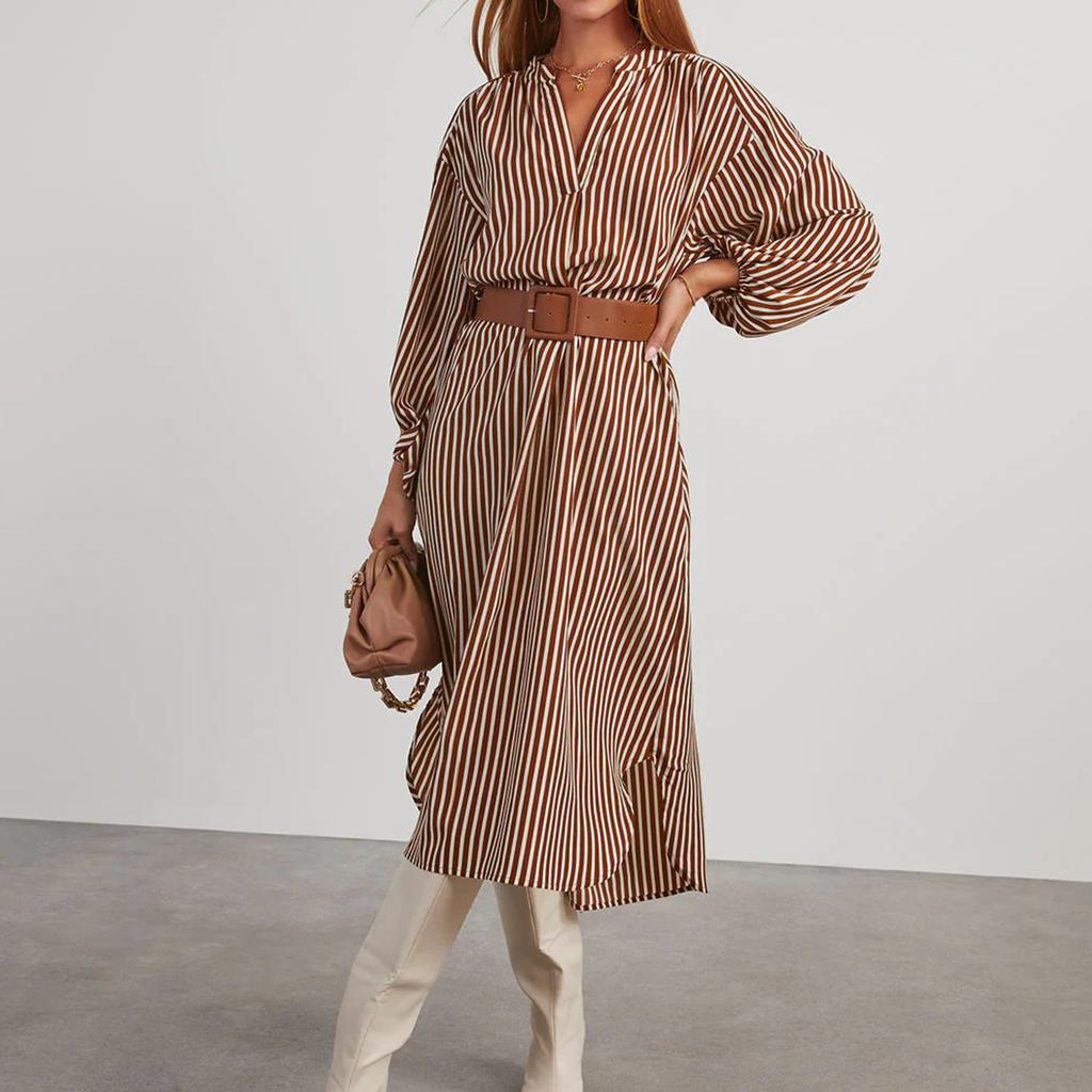 Women V Neck Loose Fit Striped Belted Shirt Dress Long Sleeve Casual Midi Dress with Vertical Stripe Pattern for Daily Wear