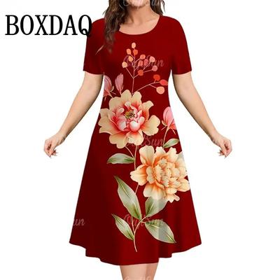 Sommer Rundhals Kurzarm 3D-Druck Rote Blumen Damenkleider Kleidung Plus Size Lose Neues Kleid