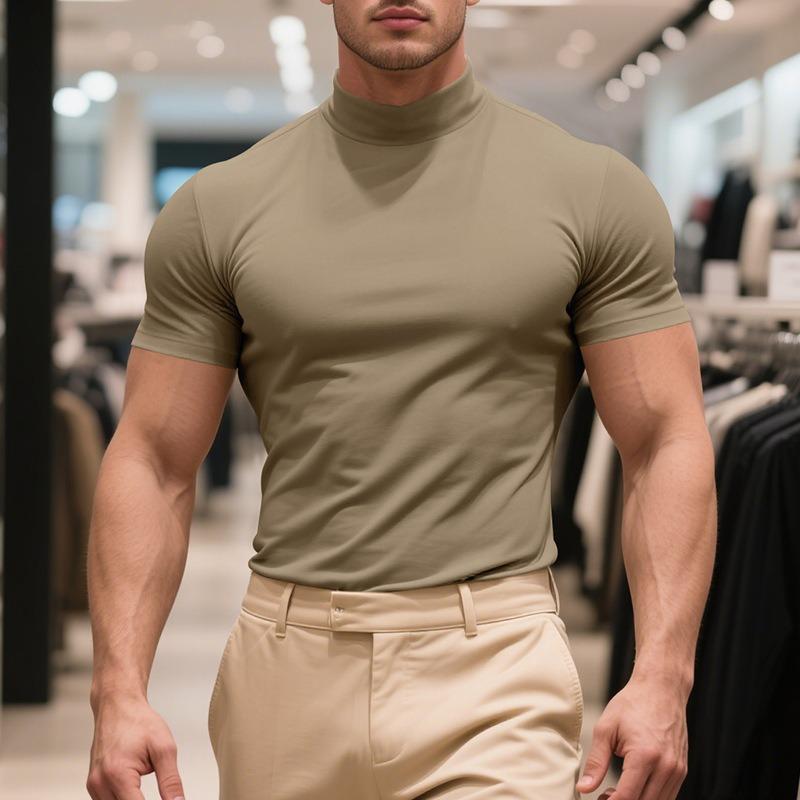 

Summer New Men s Casual T-shirt Fashion Semi-high Neck Slim Fit Solid Color XXXL