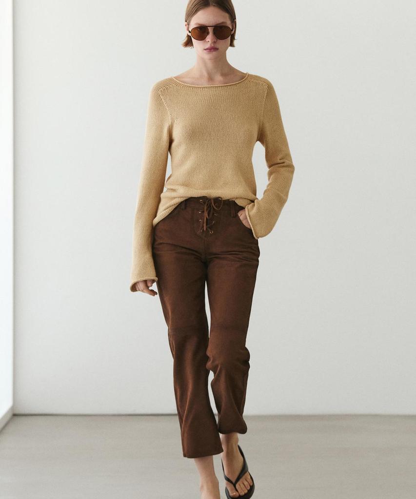 Masimodutti Cropped Suede Leather Pants With Drawstring Detail