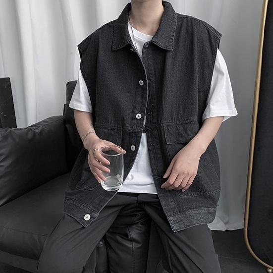 Men Summer Denim Vest Coat Lapel Sleeveless Solid Color Denim Waistcoat Single Breasted Large Pockets Design Washed Cargo Waistcoat