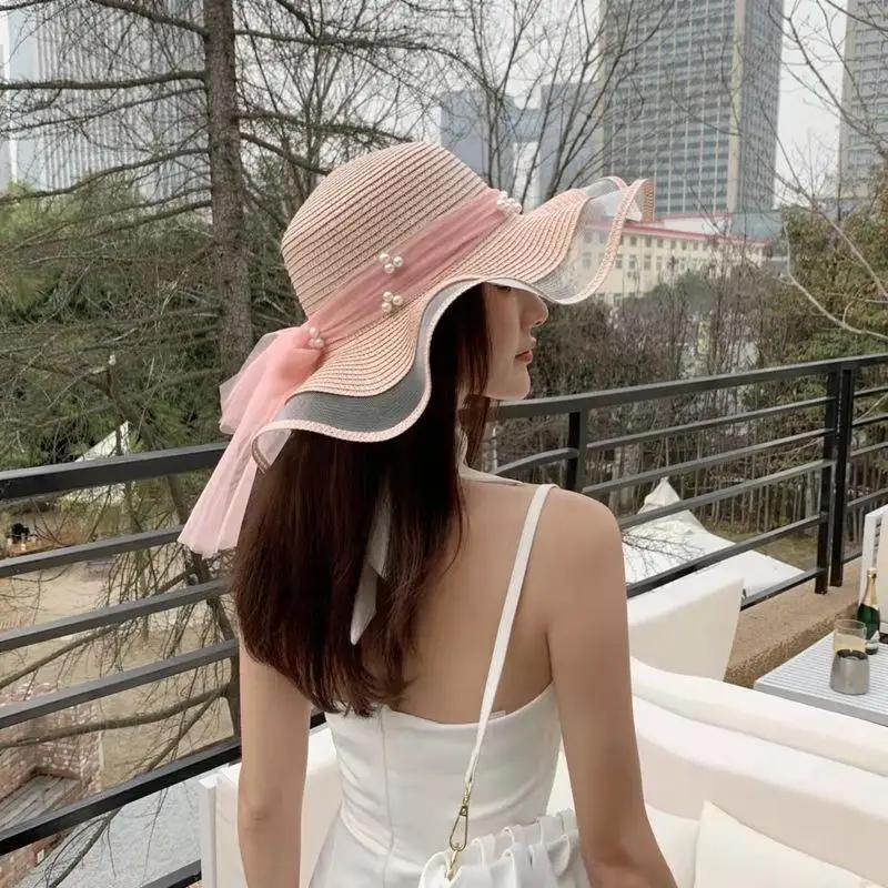 New Foldable Wide-brimmed Girl Straw Pearl Sun Hat Beach Wave Hat UV Protection Travel Hat Lady Beach Hat Birthday Gift