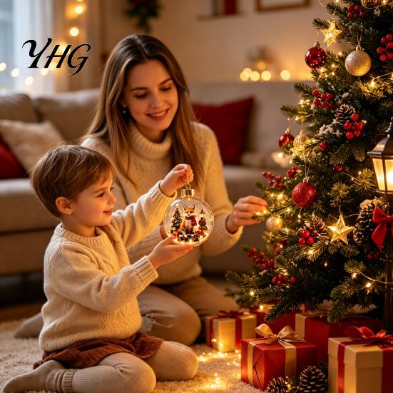 Christmas Tree Hanging Scenes Glowing Story Ornament, Mini Holiday Scene in Ball with Warm LED Garland Decorations Light, 3D Clear Acrylic Decoration