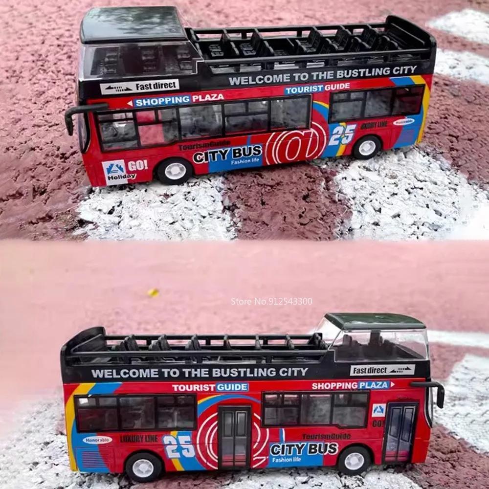 Scale 1:32 Double Decker Sightseeing Bus Toy Model Car Simulation Alloy Sound Light Pull Back Collection Models for Kids Gifts