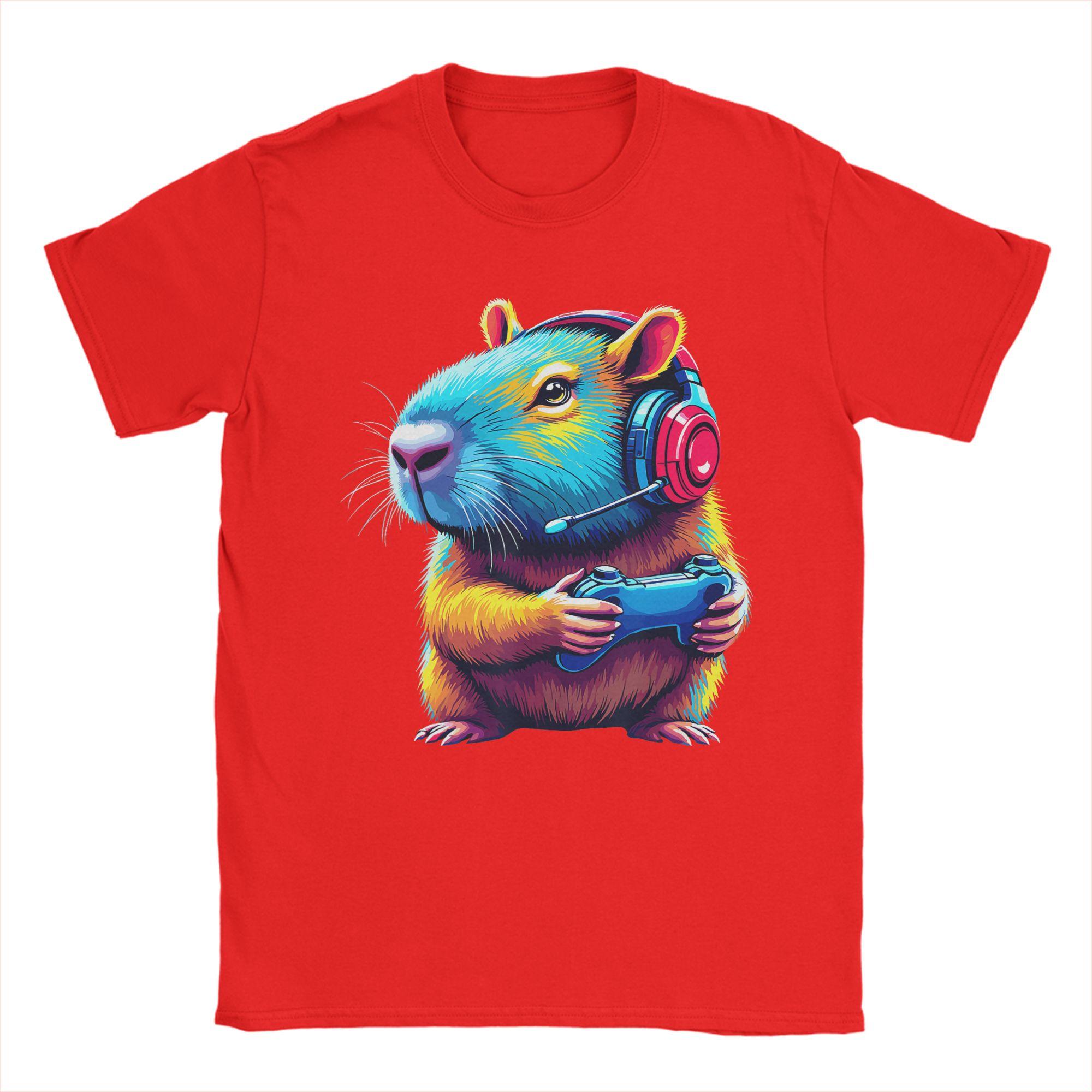 Capybara Gamer Funny Video Games Capybara TShirts for Men Vintage Cotton Tees Round Neck Short Sleeve T Shirts XL Tops S