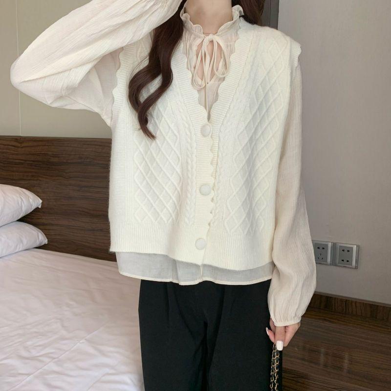 Damen Süßes Rautenmuster Gestrickte Weste Cardigan Mantel Einfarbig Spitze Pulloverweste Cardigan für Oberbekleidung