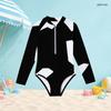 Girls High Neck Long Sleeve Front Zip One Piece Swimsuit Black White Geometric Printed